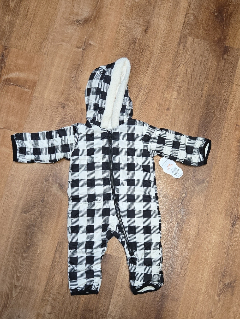 Wonder Nation 3-6 Cozy Buffalo Check Hooded With Ears One-Piece - Black & White